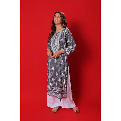 House of Chikankari Meher Mulmul Chikankari Printed Women Long Kurta Green