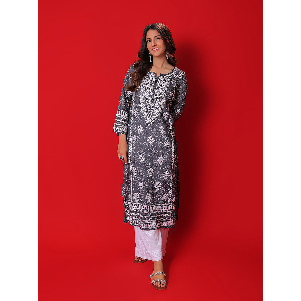 House of Chikankari Meher Mulmul Chikankari Printed Women Long Kurta Green