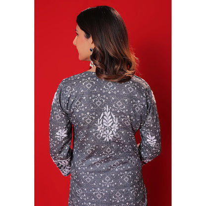 House of Chikankari Meher Mulmul Chikankari Printed Women Long Kurta Green