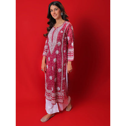 House of Chikankari Meher Mulmul Chikankari Printed Women Long Kurta Red