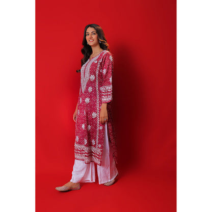 House of Chikankari Meher Mulmul Chikankari Printed Women Long Kurta Red