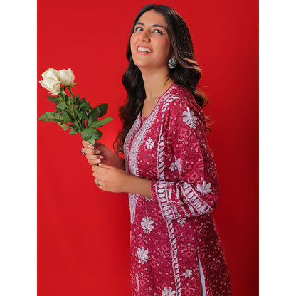 House of Chikankari Meher Mulmul Chikankari Printed Women Long Kurta Red