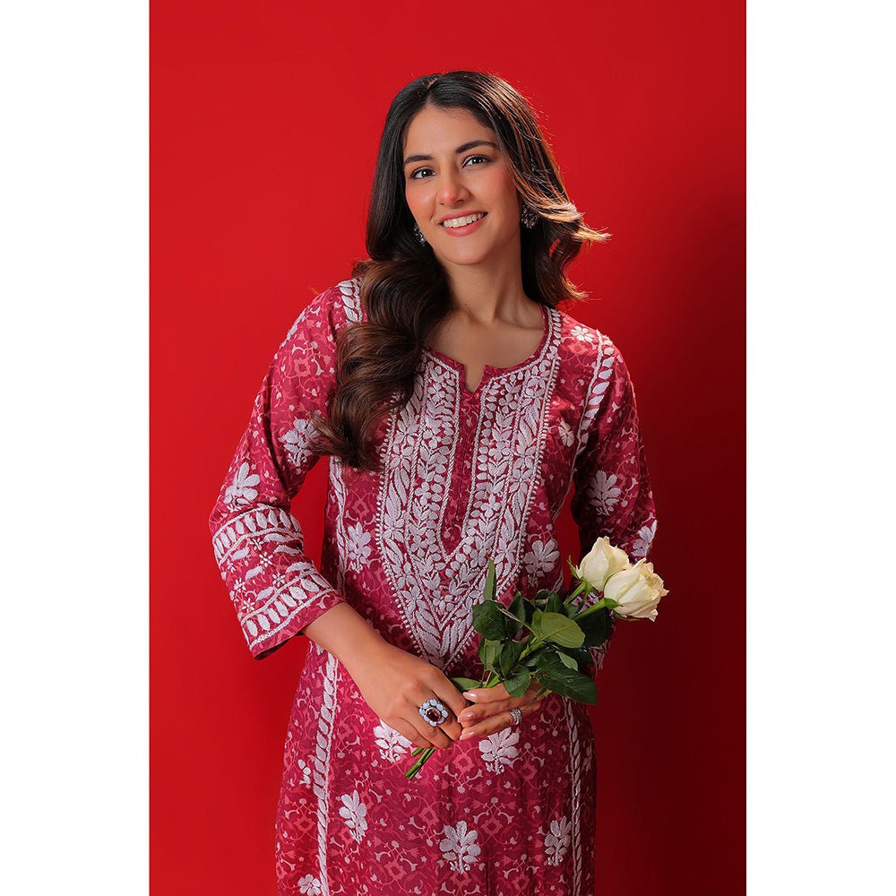 House of Chikankari Meher Mulmul Chikankari Printed Women Long Kurta Red