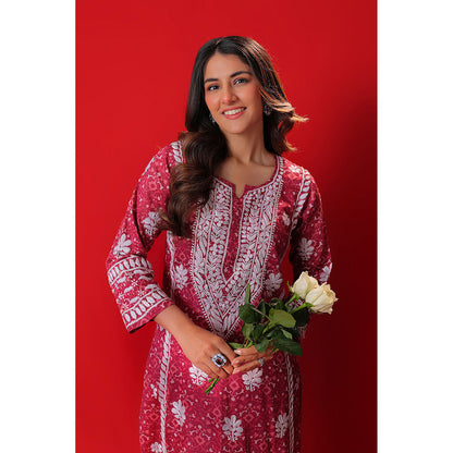 House of Chikankari Meher Mulmul Chikankari Printed Women Long Kurta Red