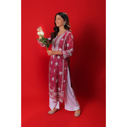 House of Chikankari Meher Mulmul Chikankari Printed Women Long Kurta Red