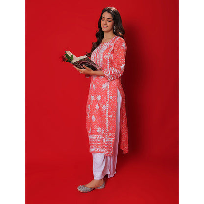 House of Chikankari Meher Mulmul Chikankari Printed Women Long Kurta Orange