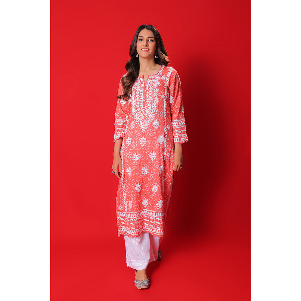 House of Chikankari Meher Mulmul Chikankari Printed Women Long Kurta Orange
