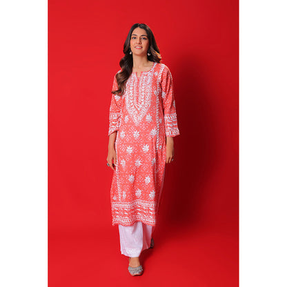 House of Chikankari Meher Mulmul Chikankari Printed Women Long Kurta Orange