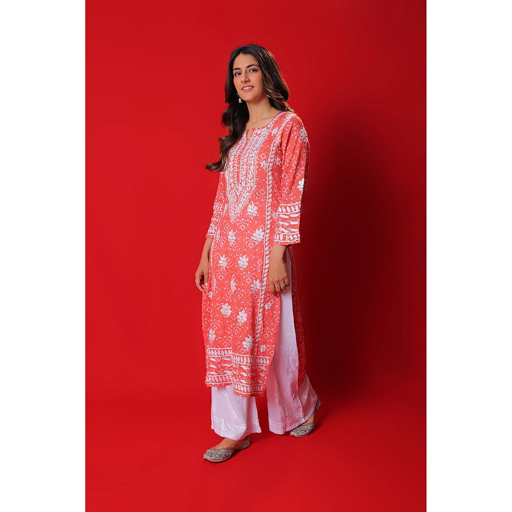House of Chikankari Meher Mulmul Chikankari Printed Women Long Kurta Orange