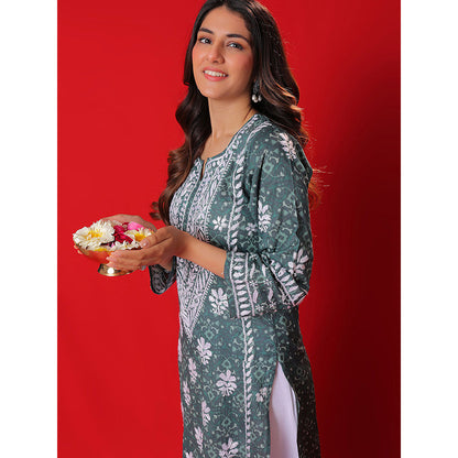 House of Chikankari Meher Mulmul Chikankari Printed Women Long Kurta Green