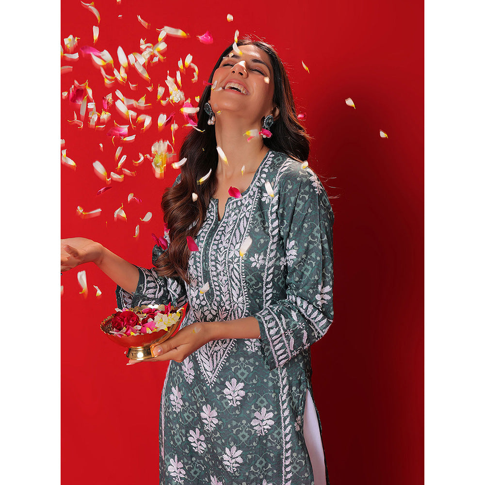 House of Chikankari Meher Mulmul Chikankari Printed Women Long Kurta Green