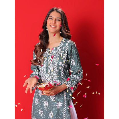 House of Chikankari Meher Mulmul Chikankari Printed Women Long Kurta Green