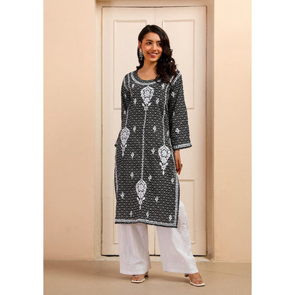 House of Chikankari Mulmul Chikankari Printed Women Kurta Black