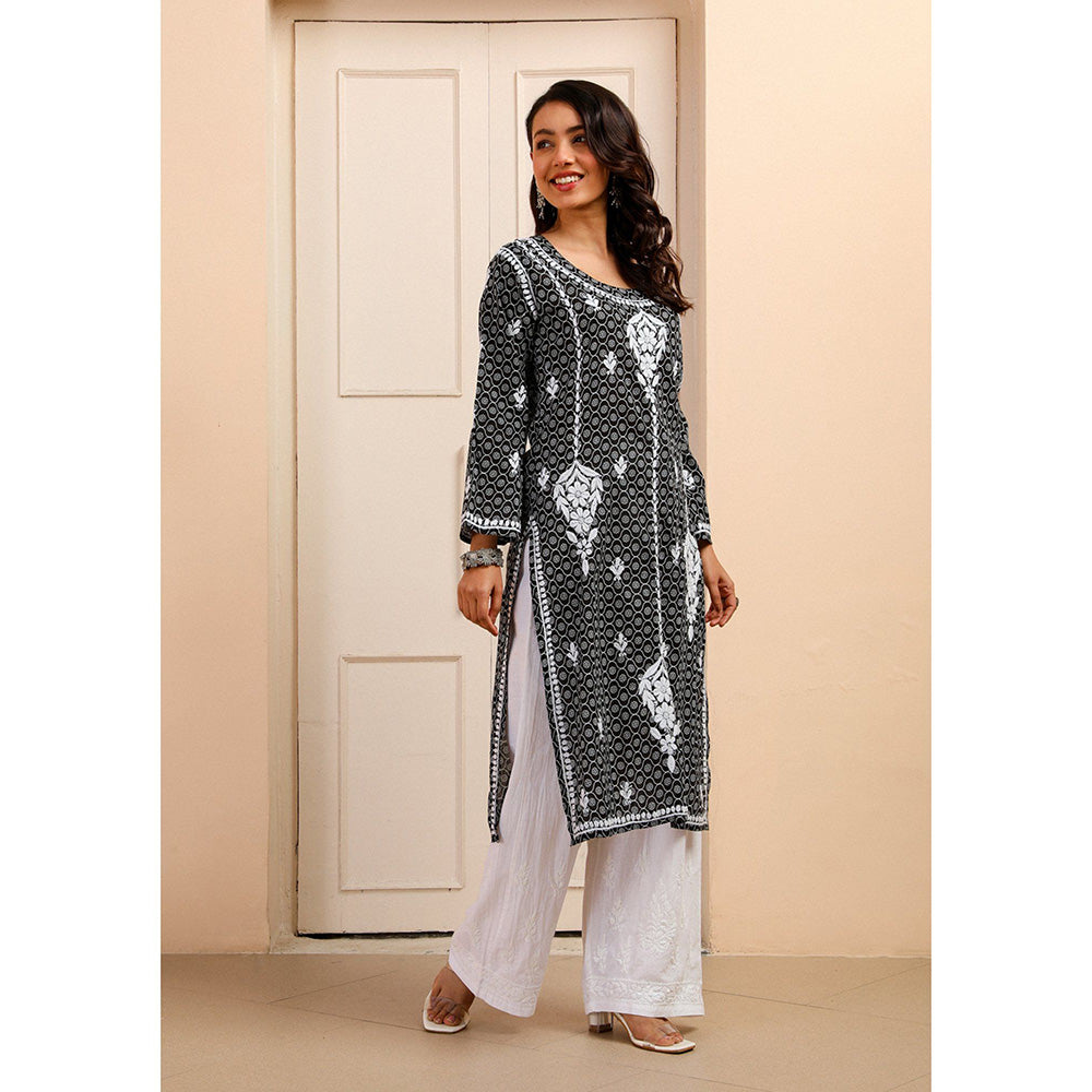 House of Chikankari Mulmul Chikankari Printed Women Kurta Black