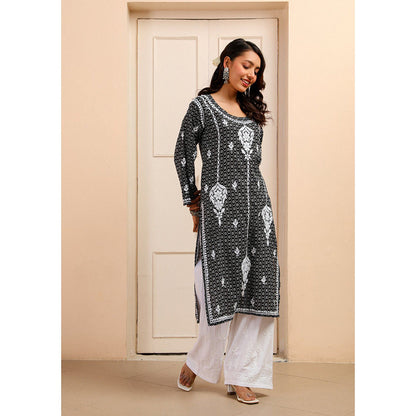 House of Chikankari Mulmul Chikankari Printed Women Kurta Black