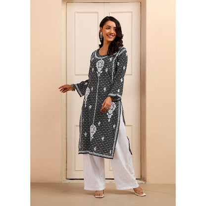 House of Chikankari Mulmul Chikankari Printed Women Kurta Black