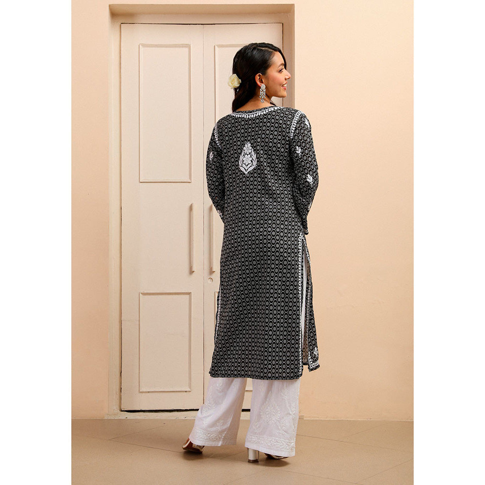 House of Chikankari Mulmul Chikankari Printed Women Kurta Black