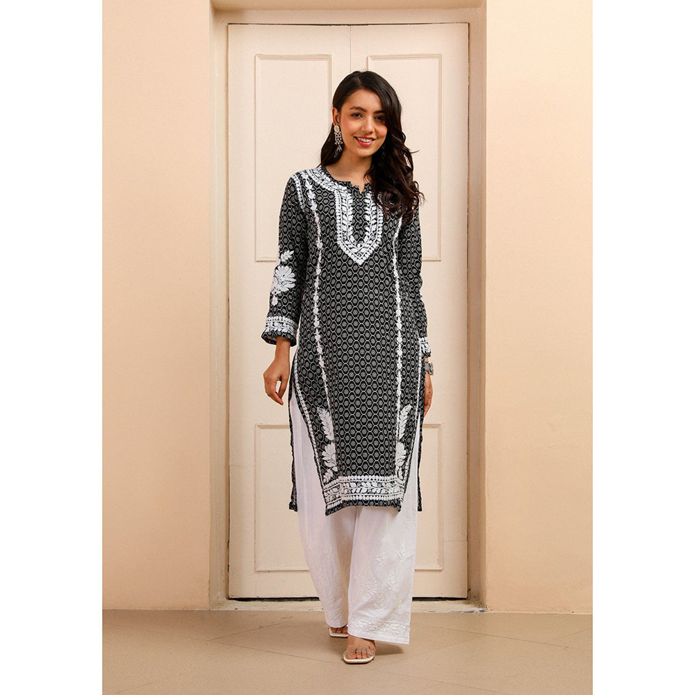 House of Chikankari Mulmul Chikankari Printed Women Kurta Black
