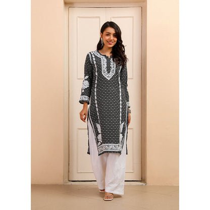 House of Chikankari Mulmul Chikankari Printed Women Kurta Black