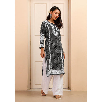 House of Chikankari Mulmul Chikankari Printed Women Kurta Black