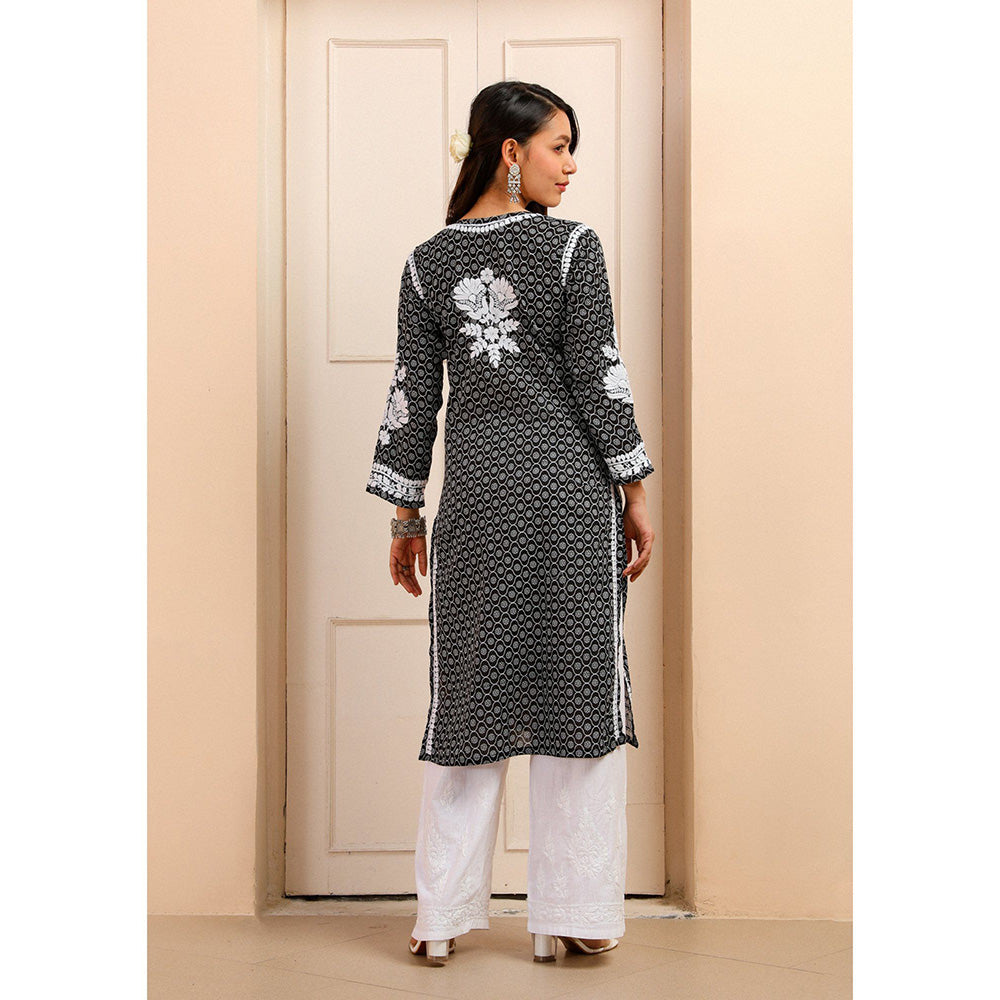 House of Chikankari Mulmul Chikankari Printed Women Kurta Black