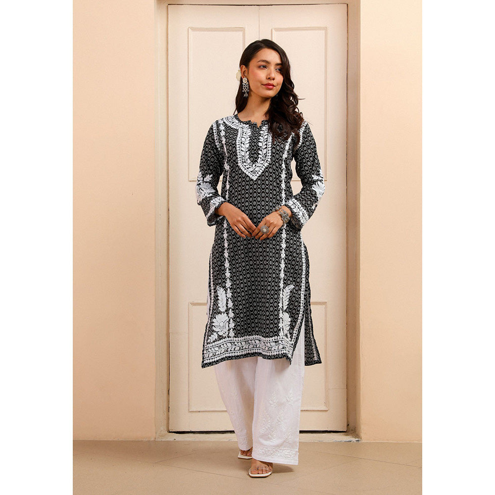 House of Chikankari Mulmul Chikankari Printed Women Kurta Black