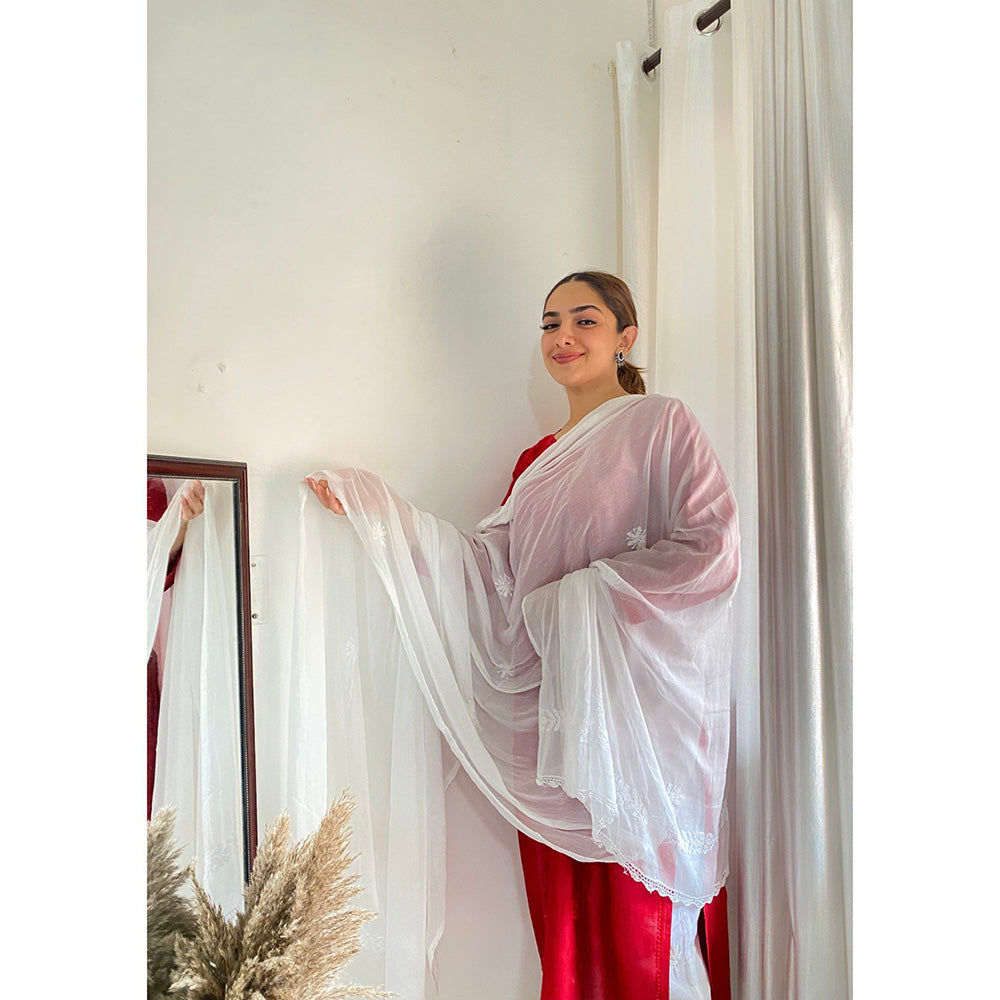 House of Chikankari Aafiya Chikankari White Chiffon Dupatta