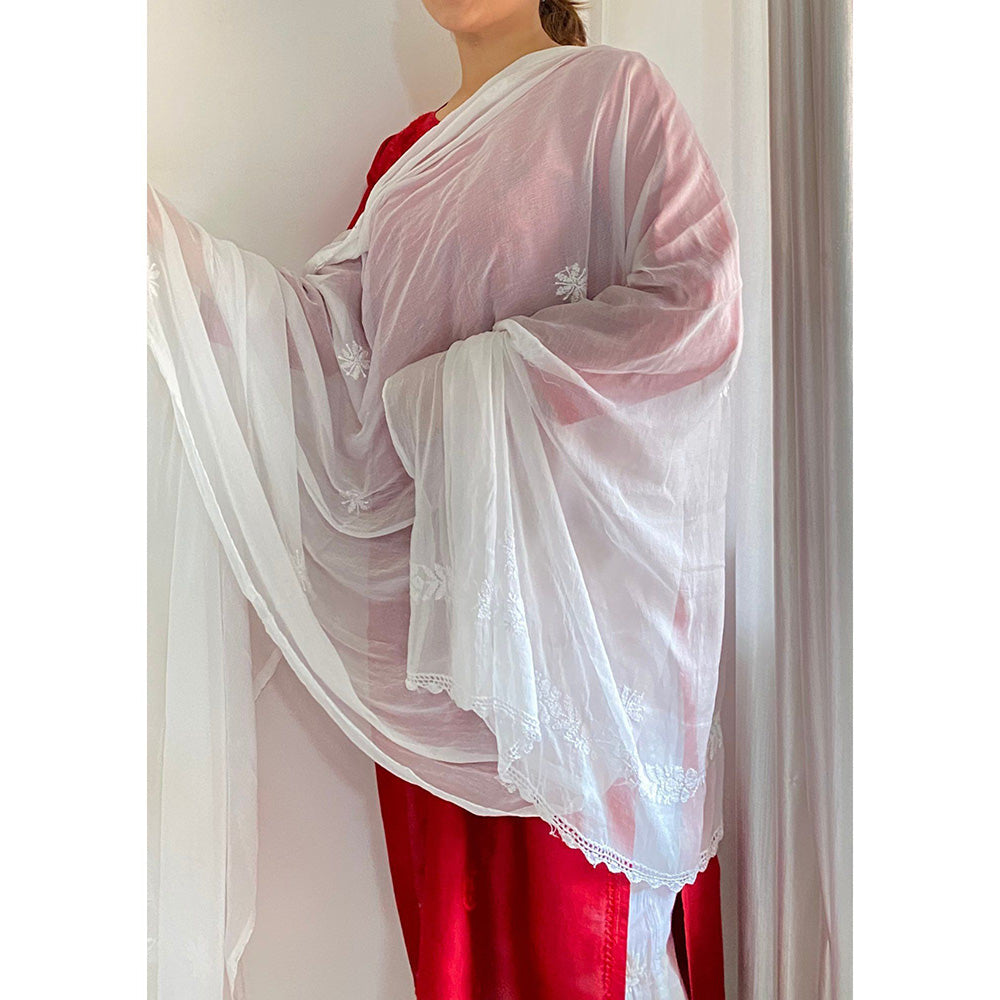 House of Chikankari Aafiya Chikankari White Chiffon Dupatta