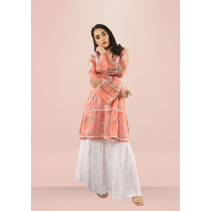 House of Chikankari Eliza Chikankari Orange Mulmul Anarkali Short Kurta