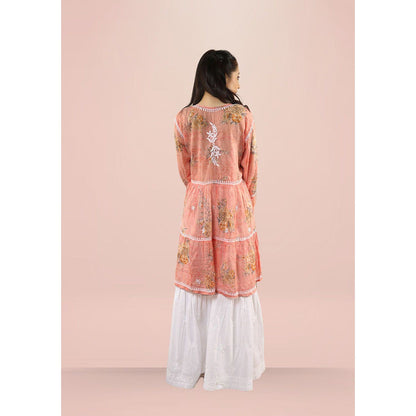 House of Chikankari Eliza Chikankari Orange Mulmul Anarkali Short Kurta