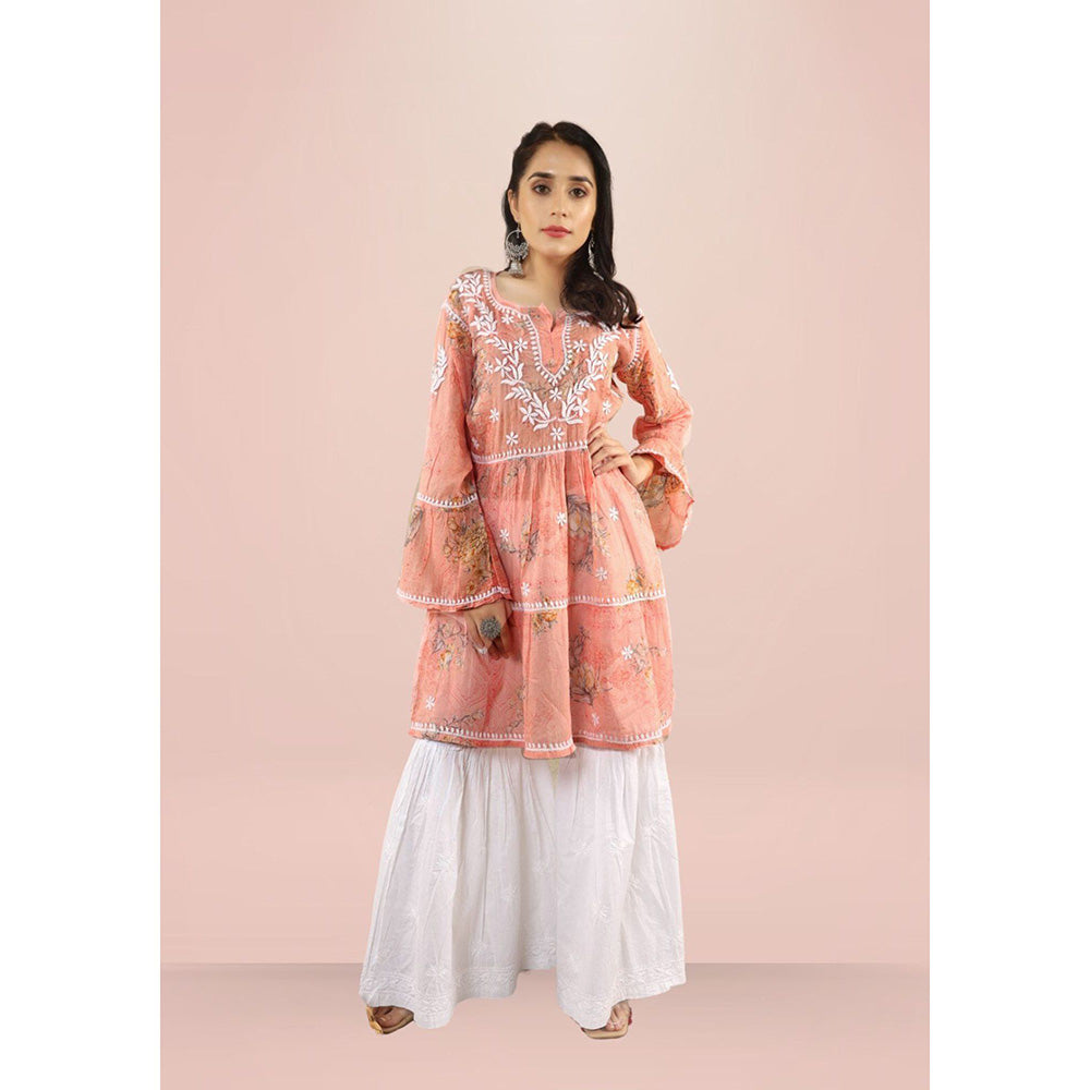 House of Chikankari Eliza Chikankari Orange Mulmul Anarkali Short Kurta