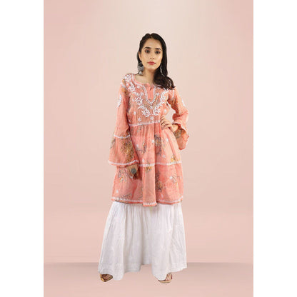 House of Chikankari Eliza Chikankari Orange Mulmul Anarkali Short Kurta