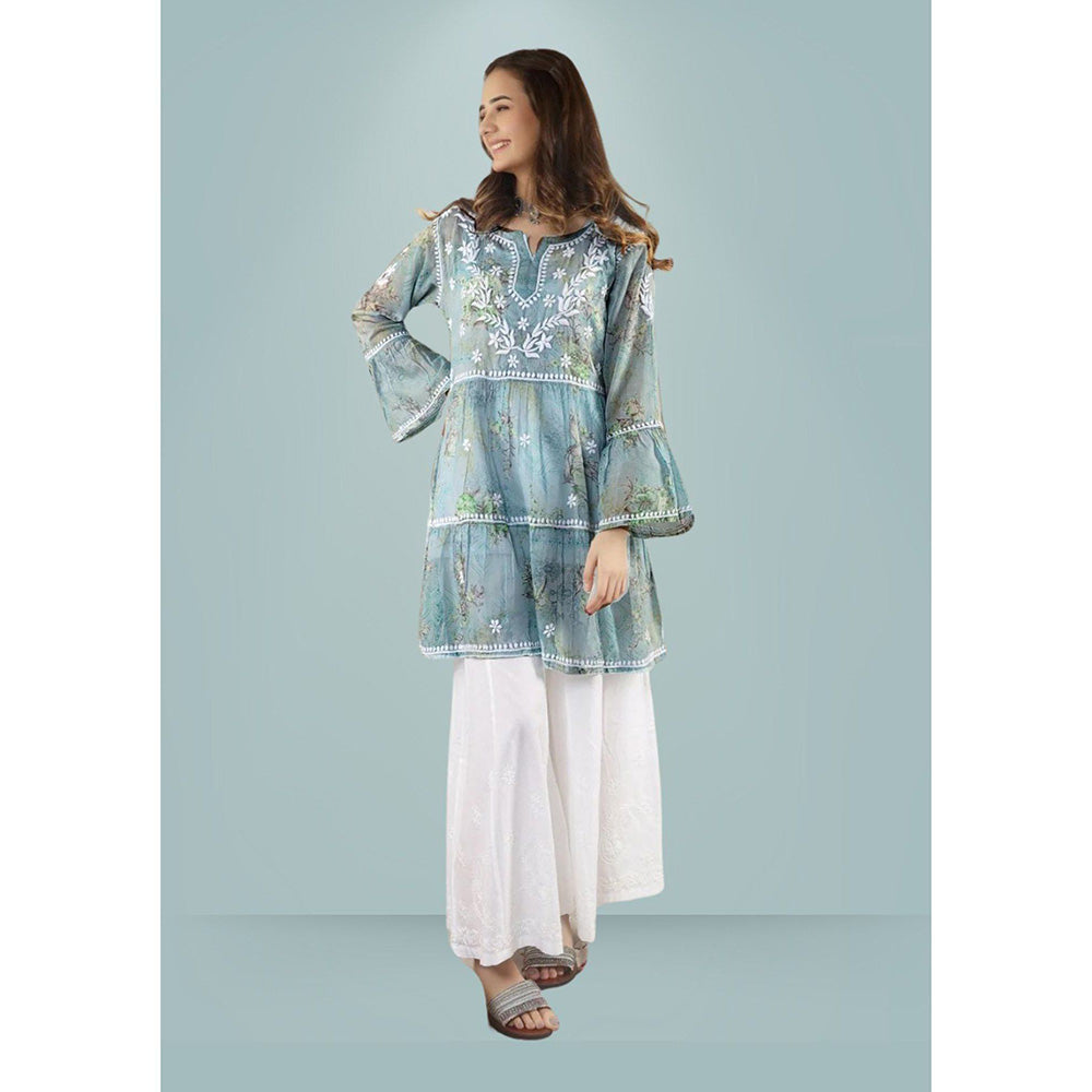 House of Chikankari Eliza Chikankari Blue Mulmul Anarkali Short Kurta