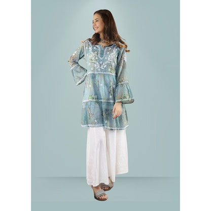 House of Chikankari Eliza Chikankari Blue Mulmul Anarkali Short Kurta