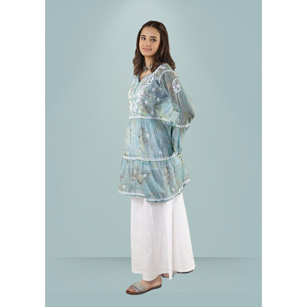 House of Chikankari Eliza Chikankari Blue Mulmul Anarkali Short Kurta