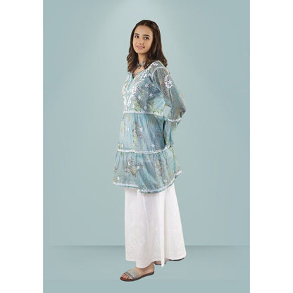 House of Chikankari Eliza Chikankari Blue Mulmul Anarkali Short Kurta