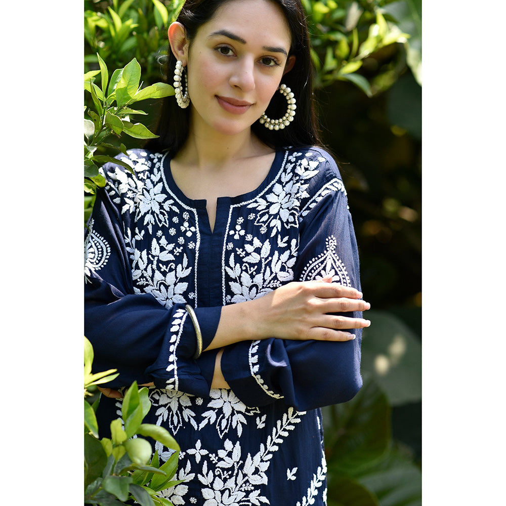 House of Chikankari Adeeba Chikankari Navy Blue Modal Straight Kurta