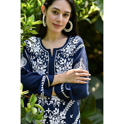 House of Chikankari Adeeba Chikankari Navy Blue Modal Straight Kurta