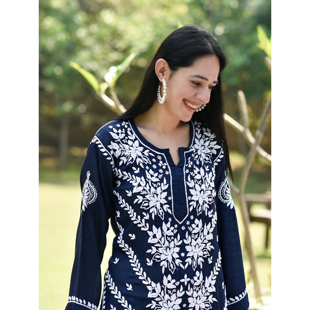 House of Chikankari Adeeba Chikankari Navy Blue Modal Straight Kurta