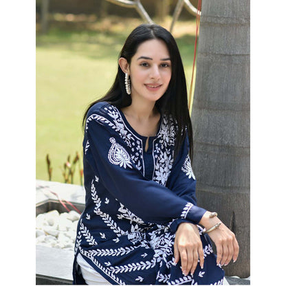 House of Chikankari Adeeba Chikankari Navy Blue Modal Straight Kurta