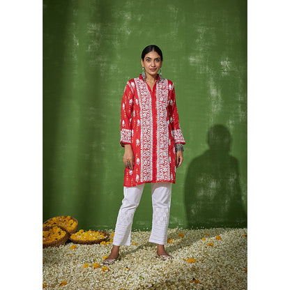 House of Chikankari Mira Chikankari Red Mulmul Straight Kurta