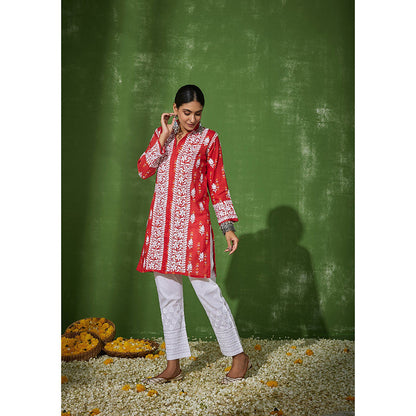 House of Chikankari Mira Chikankari Red Mulmul Straight Kurta
