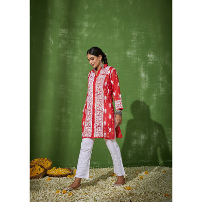 House of Chikankari Mira Chikankari Red Mulmul Straight Kurta