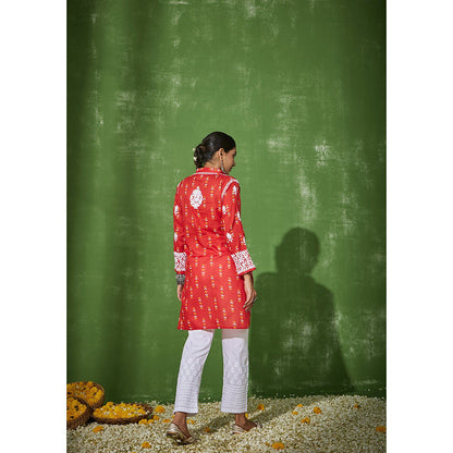 House of Chikankari Mira Chikankari Red Mulmul Straight Kurta