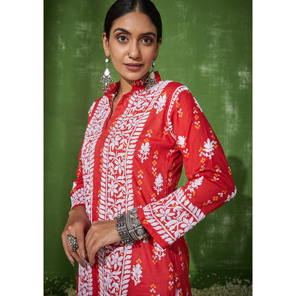 House of Chikankari Mira Chikankari Red Mulmul Straight Kurta