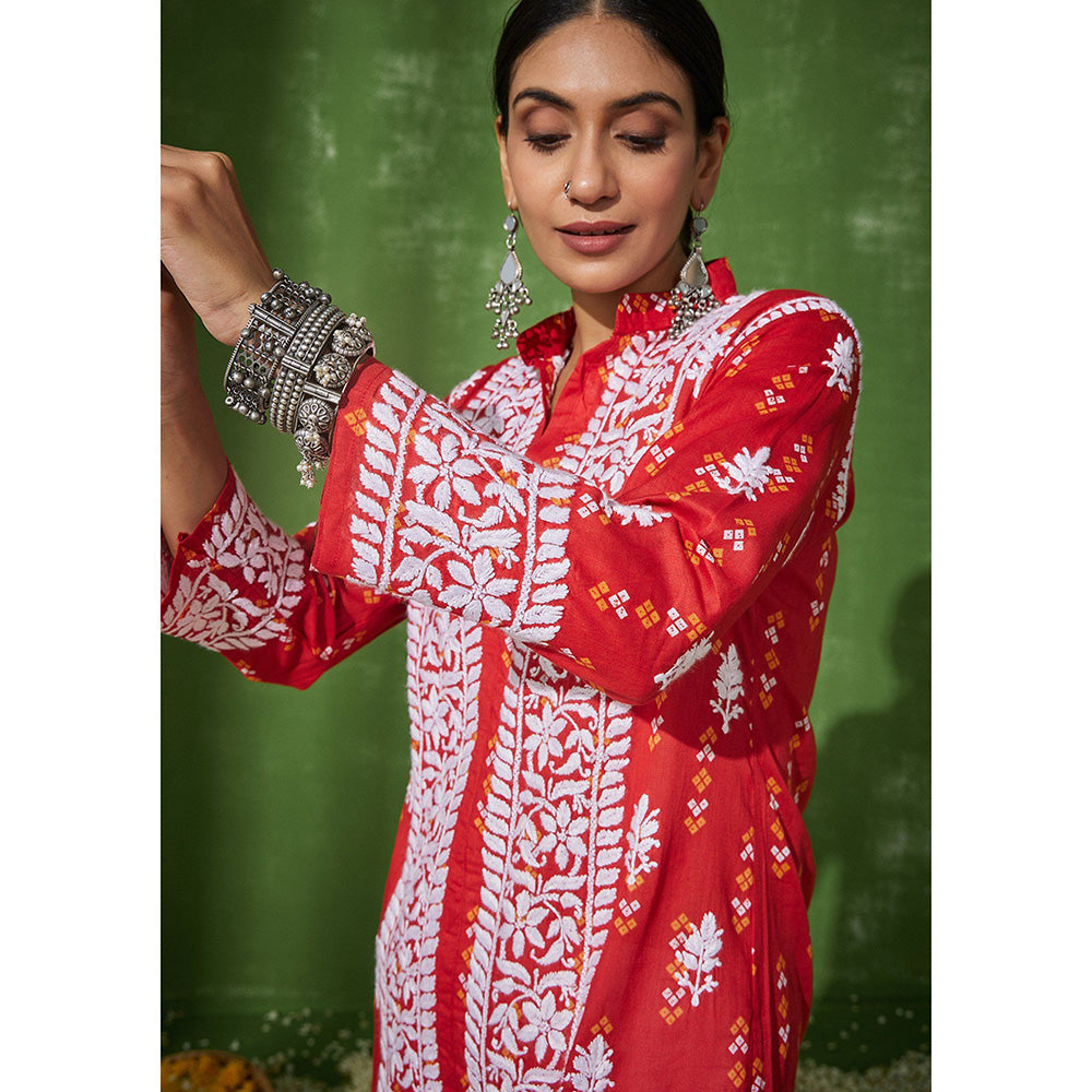 House of Chikankari Mira Chikankari Red Mulmul Straight Kurta