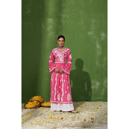 House of Chikankari Mira Chikankari Pink Mulmul Angrakha Kurta
