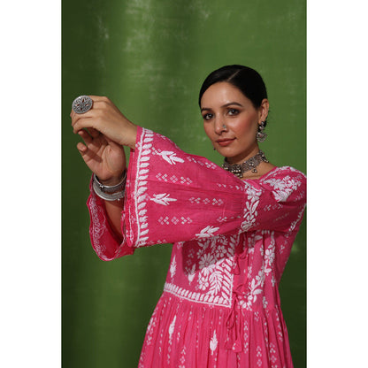 House of Chikankari Mira Chikankari Pink Mulmul Angrakha Kurta