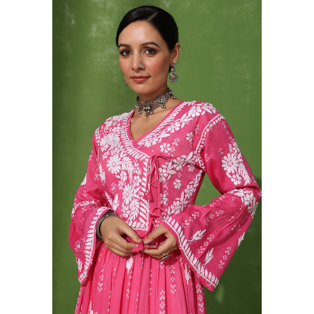 House of Chikankari Mira Chikankari Pink Mulmul Angrakha Kurta