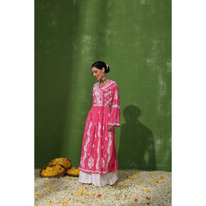 House of Chikankari Mira Chikankari Pink Mulmul Angrakha Kurta